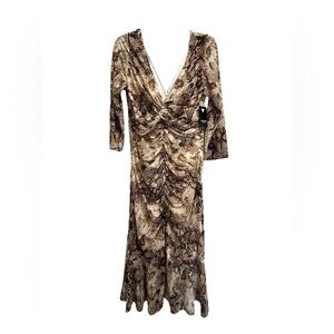 NWT. Guess Printed Venezia Mesh Ruched Midi Dress. Zip Back. Size 12.